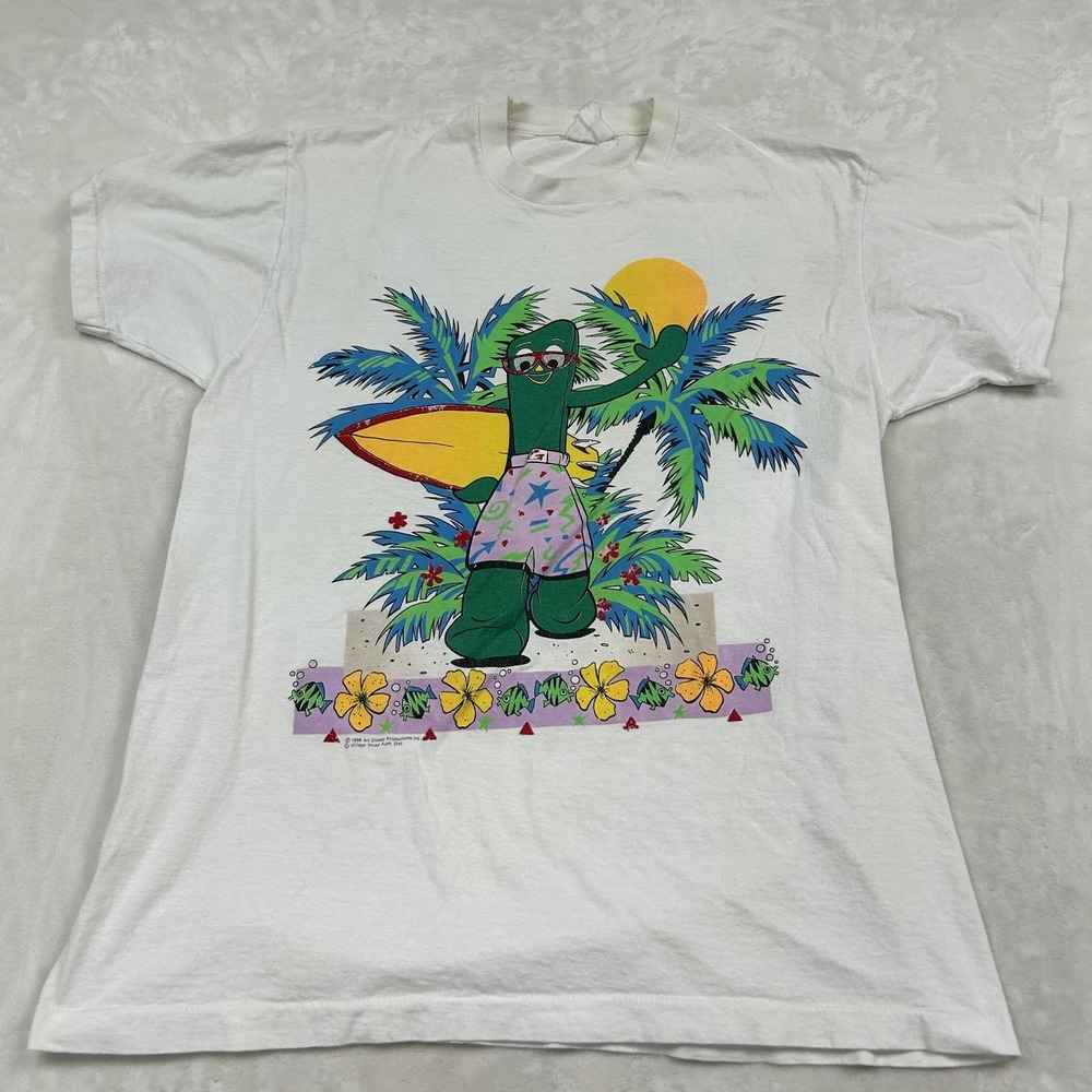Vintage Gumby T-Shirt Mens XL White 1988 Surfing Graphic Single Stitch Tee